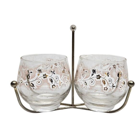 Vintage LIBBEY Glass Duchess Pink Mist Gold Floral Creamer & Sugar with Stand - Picture 1 of 2